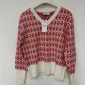 Ami Red & White Diamond Knit V-Neck Sweater